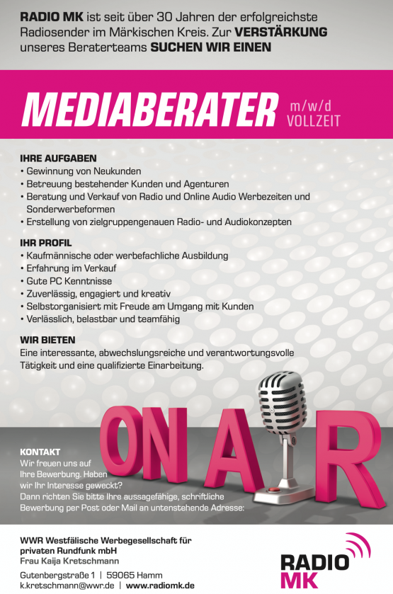 RADIO MK sucht Mediaberater (m/w/d) in Vollzeit RADIOSZENE