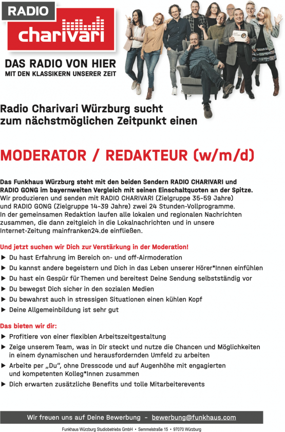 Radio Charivari Würzburg Sucht Moderator Redakteur Wmd 2695