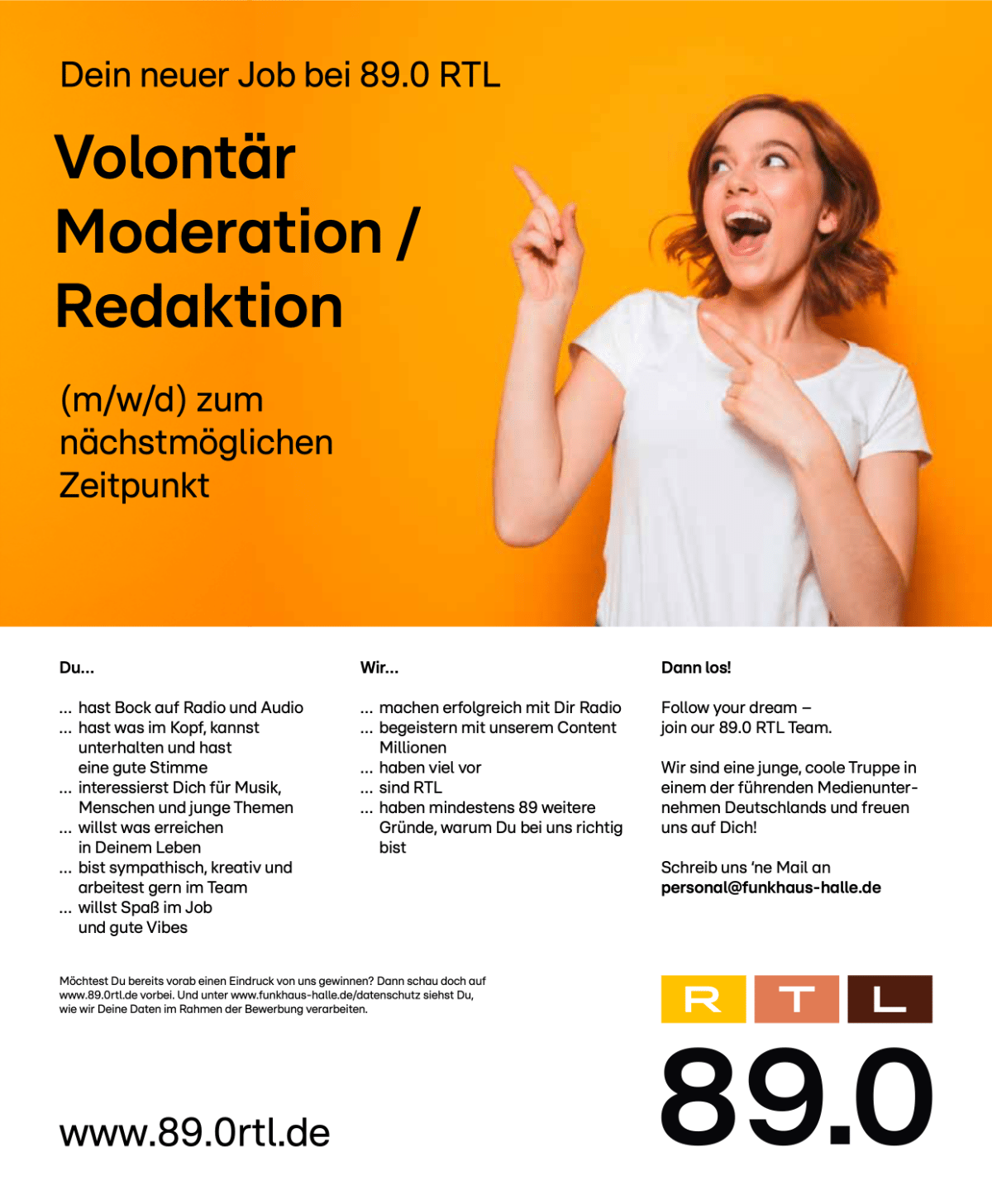 89.0 RTL sucht zum nächstmöglichen Zeitpunkt eine/n Volontär/in Moderation / Redaktion (m/w/d) am Standort Halle in Sachsen-Anhalt.