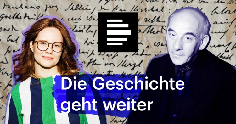 Podcastmotiv von "Die Geschichte geht weiter". Im Bild: Host Leonie Schöler und Victor Klemperer. (Bild: © Deutschlandradio)