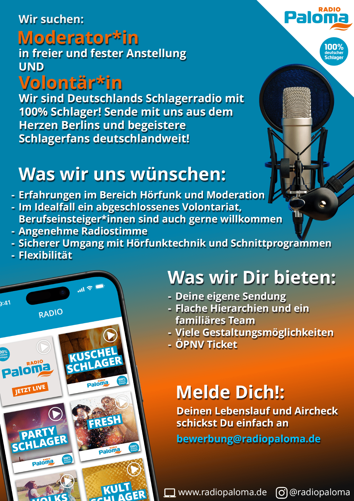 Radio Paloma sucht eine*n Moderator*in in freier und fester Anstellung und eine*n Volontär*in am Standort Berlin.
