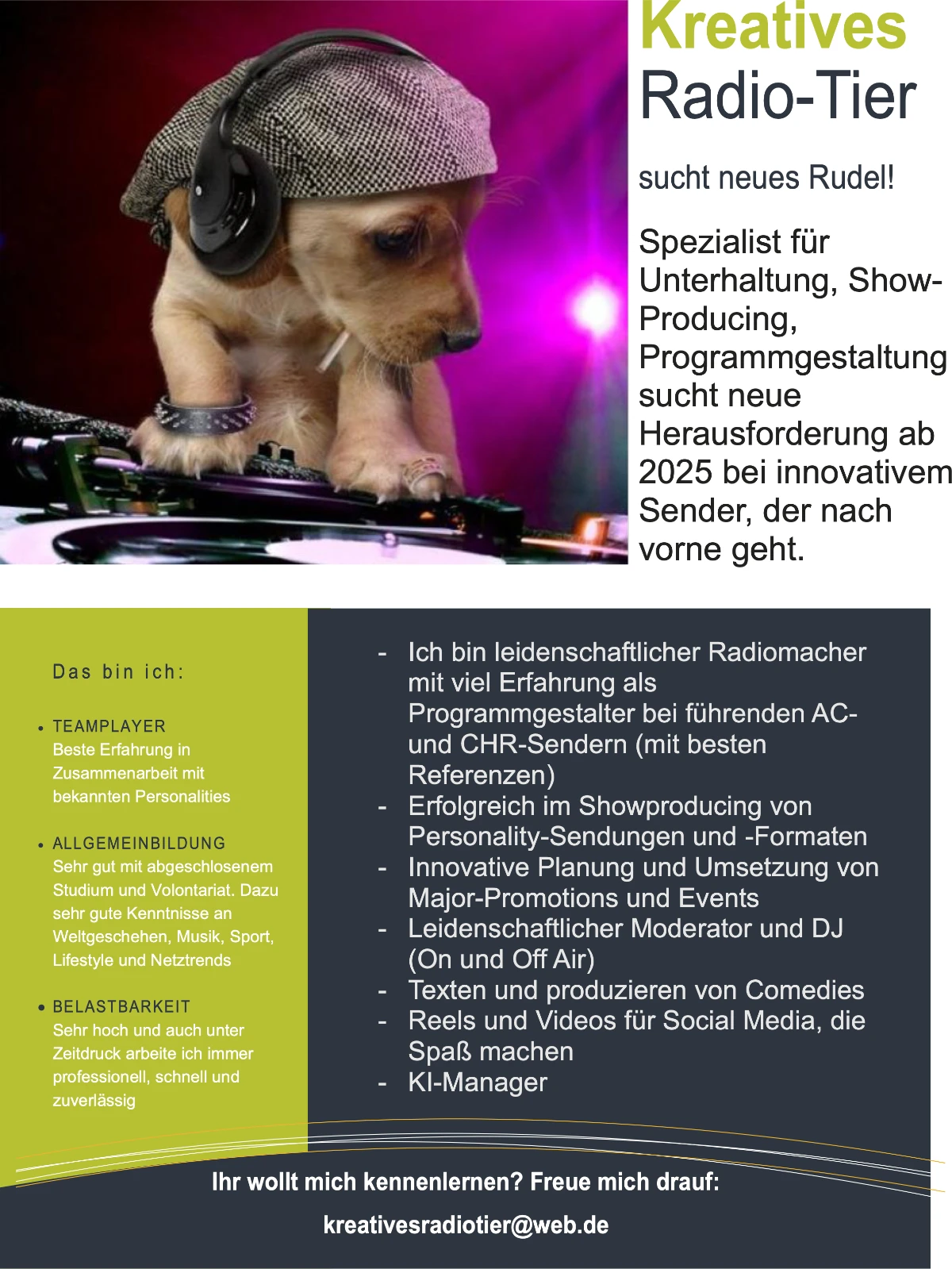 Kreatives Radio-Tier sucht neues Rudel