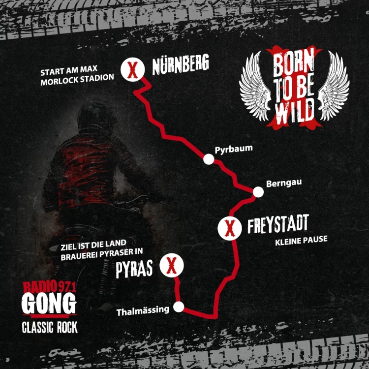 Born to be Wild-Tour: Nach dem Start am Max-Morlock-Stadion geht es über reizvolle Straßen zum historischen Gutshof nach Pyras. (Bild: Gong 97.1)