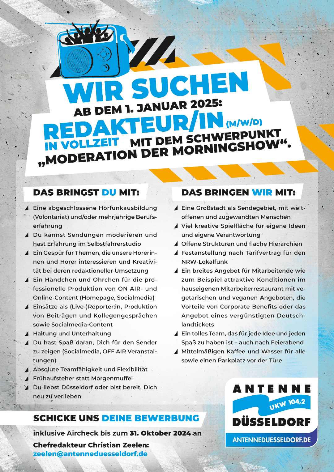 Antenne Düsseldorf sucht ab dem 1. Januar 2025 eine/n Redakteur/in in Vollzeit (m/w/d) mit dem Schwerpunkt "Moderation der Morningshow".