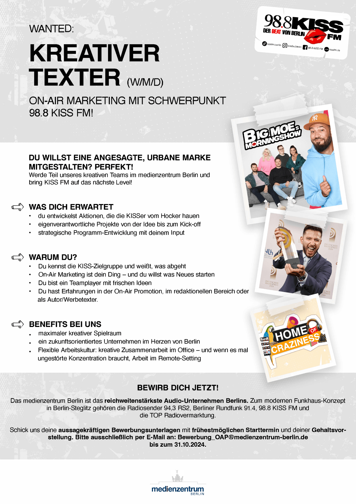 Das medienzentrum Berlin sucht einen kreativen Texter (w/m/d) für On-Air Marketing mit Schwerpunkt 98.8 KISS FM am Standort Berlin.